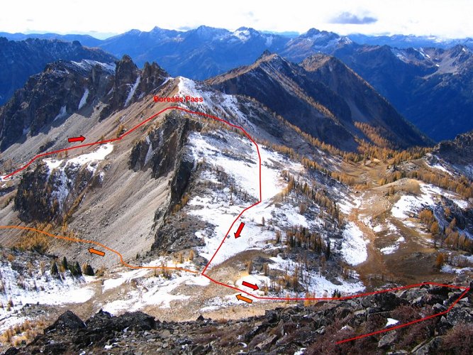 The red line shows the trail we followed going up.
The orange line shows the shorter but much steeper route we went down.